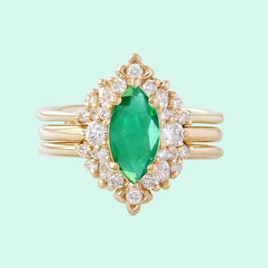 Emerald Engagement Ring and Matching Diamond Ring Guard, Marquise Cut Emerald, Floral Art Deco Vintage 14K/18K solid gold Isabella Orchid