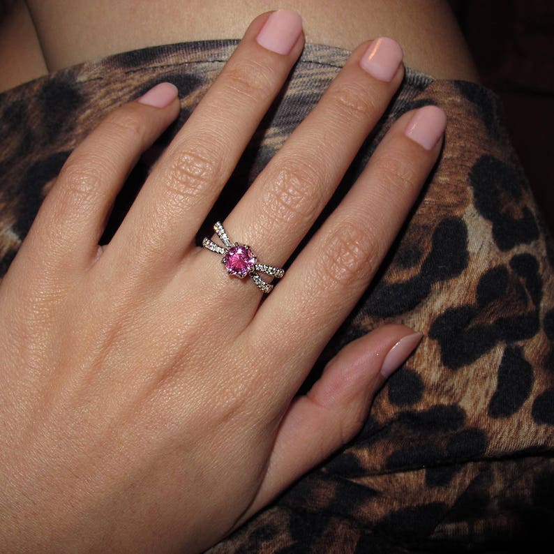 Engagement Ring Tourmaline Diamond Ring. 1 carat Pink Tourmaline 0.4 GVS diamond, 14K White Gold, Ring Size 5.75 image 4
