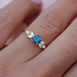 Montana Blue Sapphire and Marquise Diamonds Unique Gemstone Engagement Ring, 14K Gold, Feminine, Vintage, Delicate Solitaire Simple Penelope image 2
