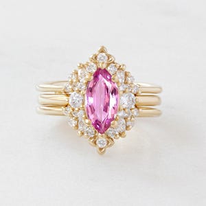 Marquise Pink Sapphire Diamonds Modern Pink Gemstone Engagement Ring Isabella, Stack Matching Diamond Ring Guard Orchid, 18K solid gold