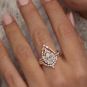 Pear Diamond and Unique Diamond Halo Engagement Three Ring Set, Vintage Wedding Rings, Art Deco Ring, Victorian Inspired Eva