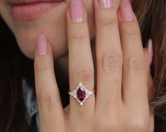 Elongated Hexagon Rhodolite and diamond halo Gemstone Engagement Ring Nora