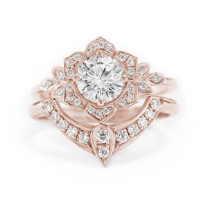 Moissanite & Diamanten Einzigartige Verlobungsringe Set, 18K Rose Gold Größe 6.25 Lily Gold Blume Verlobungsring, Forever One Moissanite Rings Set