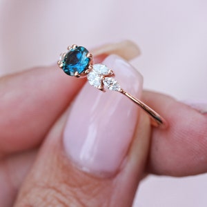Montana Blue Sapphire and Marquise Diamonds Unique Gemstone Engagement Ring, 14K Gold, Feminine, Vintage, Delicate Solitaire Simple Penelope image 5