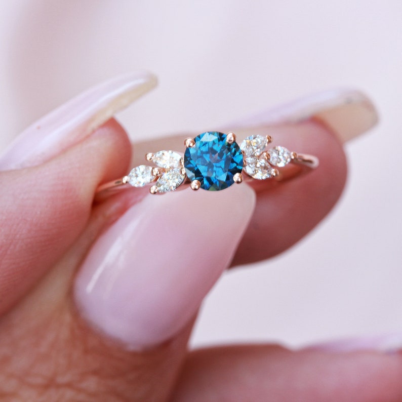 Montana Blue Sapphire and Marquise Diamonds Unique Gemstone Engagement Ring, 14K Gold, Feminine, Vintage, Delicate Solitaire Simple Penelope image 8