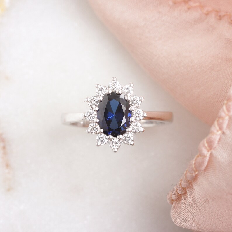 Oval Blue Sapphire & Diamonds Unique Engagement Ring, Marquise Diamonds Halo, Gold gemstone ring, Art Deco Engagement Ring image 2