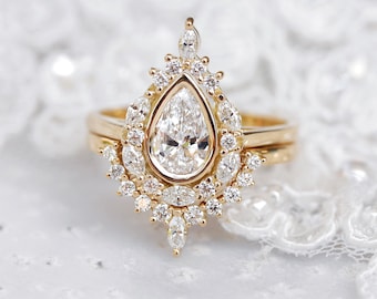 Pear Moissanite and Unique Diamond Halo Engagement Two Ring Set, Vintage Wedding Rings, Art Deco Ring, Victorian Inspired Eva