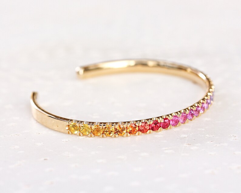 Natural Sapphires Rainbow Cuff Bangle, 14K Solid Gold, Rainbow Baby gift, Push Present, Joyful, Stylish, Colorful Gemstone,, LGBTQ, Unique image 2