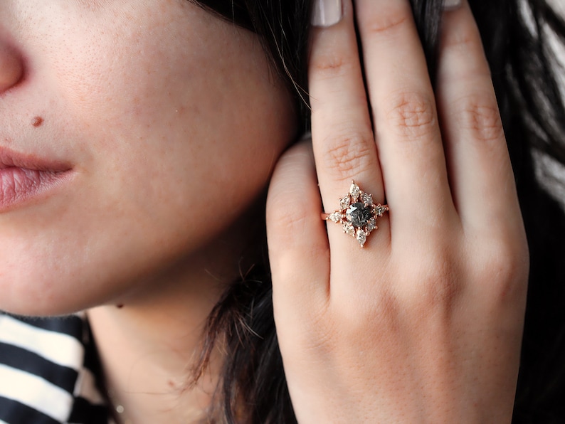 Aerolite Rustic Engagement Rings , Salt and pepper diamond unique engagement ring, indie bride, Natural Diamonds, 14K Rose Gold image 4