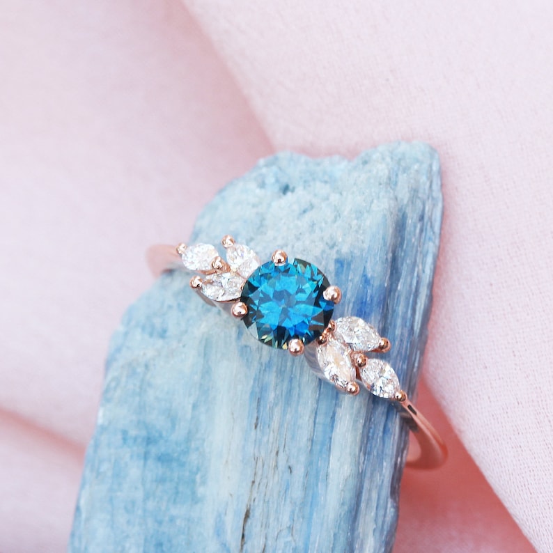 Montana Blue Sapphire and Marquise Diamonds Unique Gemstone Engagement Ring, 14K Gold, Feminine, Vintage, Delicate Solitaire Simple Penelope image 1