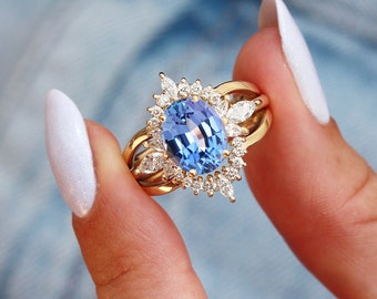 Big Oval Tanzanite and Diamond Halo Gemstone Engagement Ring Set, Matching Ring Guard, Art Deco, Vintage inspired, Jordan + Athena Armor