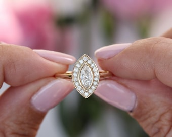 Marquise diamanten halo bezel set moderne minimale verlovingsring, 14 kt massief goud, vintage geïnspireerd, Ola