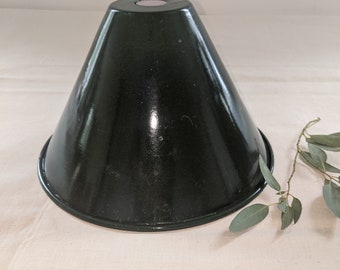 Vintage French Dark Green and White Enamel light shade Cone Shape.  Original French Industrial factory light shade