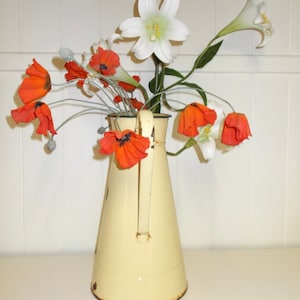 Vintage French Enamel Water Jug, Pichet.   French Enamel Water Jug.  Cream with green rim.   (3950)
