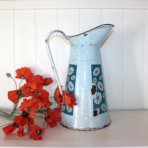 Mid Century French Enamel Granite Ware Water Jug, Pichet with Marguerites Decoration. French Enamel Water Jug.     (3940)
