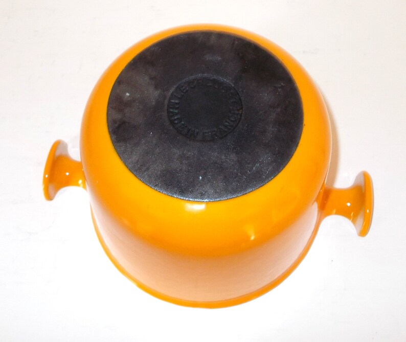 Mid Century French Kitchen Cookware Le Creuset Saucepan Enameled Heavy Cast Iron Tall Pot Yellowy Orange /& beige interior Size 16 cm