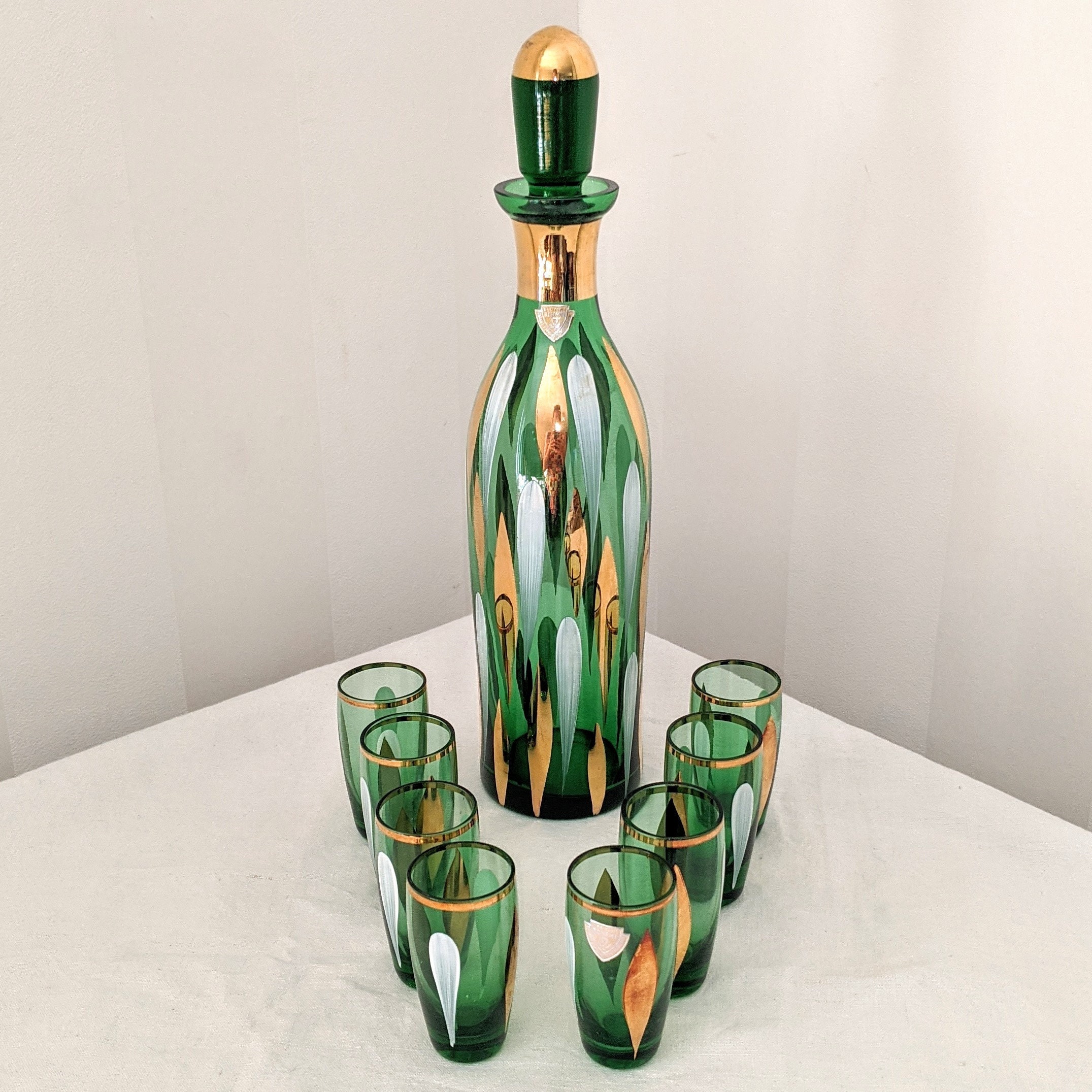 Vintage Green Glass Decanter and 8 Glasses With Gold and White Etsy