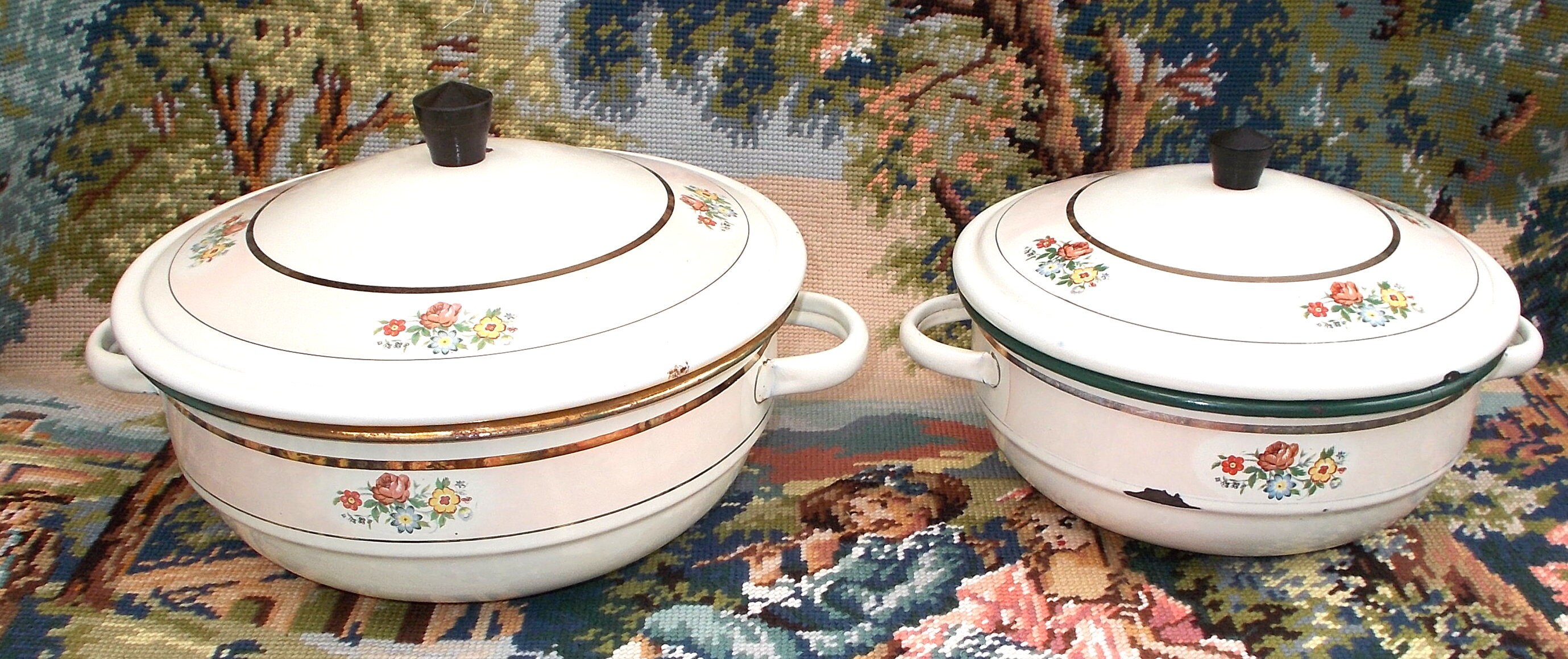 Two Floral Enamel Serving Dishes With Lids. Vintage French Etsy