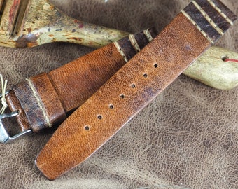 Handmade Deer Leather Watch Strap - Wild Polish Deer - Waxed & Antiqued Cognac - 18/20/22/24mm - Hypoallergenic 2.5mm Thick - Vintage Style