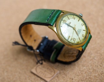 Tan Full Grain Leather Handmade Watch Strap/cow grain leather /Leather Watch Strap/18, 20, 22, 24/green-black