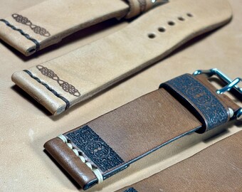 Celtic Engraved Vintage Watch Strap – Hand Stitched Calfskin 18–22mm