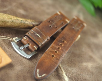Handmade Leather Watch Strap - Full Grain Tan Cowhide - Adjustable 18-24mm - Vintage Style Unisex Band - Gift for Him/Her
