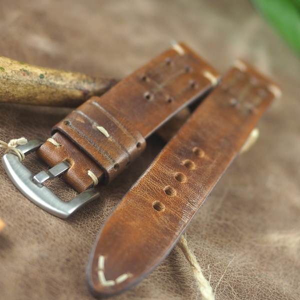 Handmade in Poland/Tan Full Grain Leather Handmade Watch Strap/full grain cowhide leather/Vintage styl/Leather Watch Band/18,20,22,24 mm