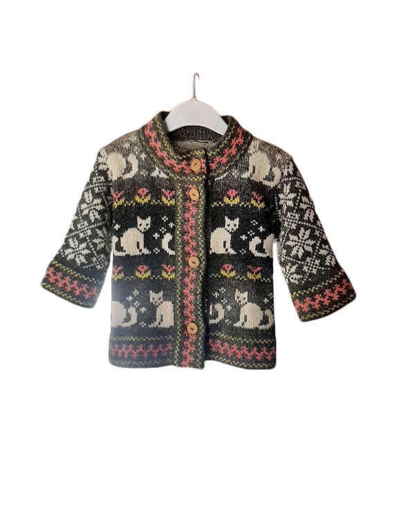 Wool Kids Cardigan 1T: Cat Pattern, Colorful Boho Nordic Sweater