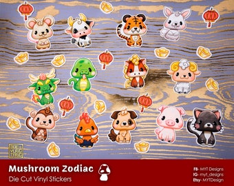Mushroom Zodiac Glossy Vinyl Stickers- Schattige Kawaii Lunar Zodiac Dieren