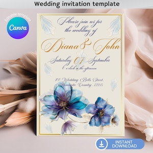 Faire part mariage floral - Faire part fleurs bleues - Invitation mariage élégante - Mariage romantique - Mariage moderne