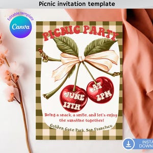 Modèle invitation pique-nique - Faire part pique-nique cerise - Invitation d'anniversaire pique-nique - Pique-nique au parc - Pique-nique