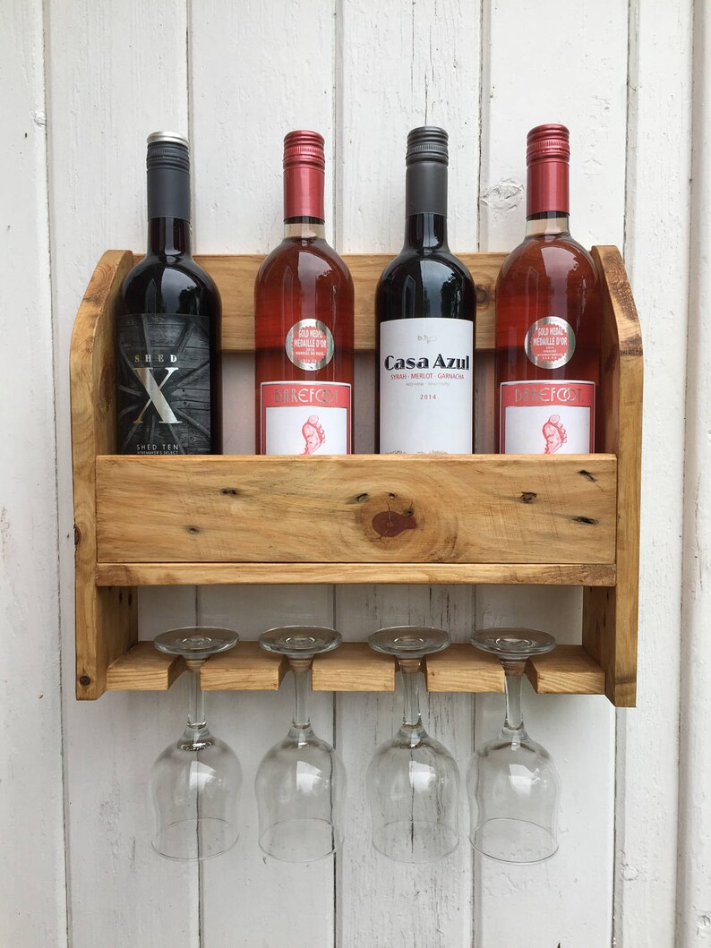 Wall mounted wine rack 4 bottles 4 glasses Etsy