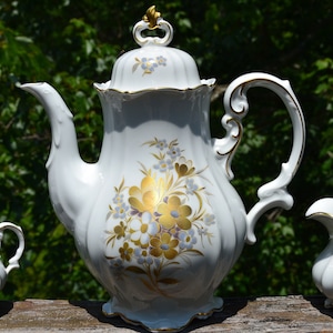 Vintage 1960s Bavarian Coffee Pot with Sugar Bowl and Creamer Set.  5 Piece Floral Transfer ware.  Hertel Jacob.  Bavaria Germany. - VCMS306