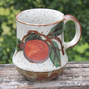Fruit Stoneware Coffee Mug. Red Quince Fruit Design.  Rustic Asian Style.  Country Cabin.  Taupe Red Yellow Green Brown.  - VCMS118