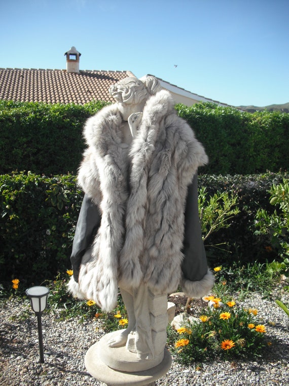 70/80s Vintage Leather & Arctic/Blue Fox Fur Jacke