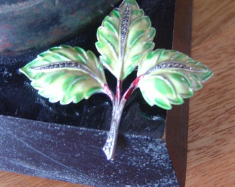 SALE..Vintage Art Deco Very Pretty Leaf brooch with Enamelling and Marcasite...A perfect combination.. Maple Leaf