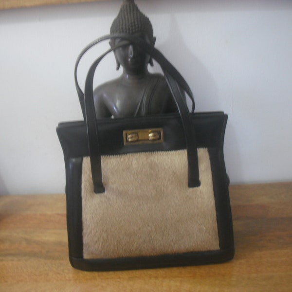 Vintage..1940s.. Brown Leather Handbag with a Fur Insert .Probably Springbok. From South Africa..Very Chic and of its time. VGC..