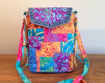 Festival Batik Fabric Crossbody Bag, Patchwork Fabric Handbag, Denim and Batik Boho Bag, Handmade Handbag