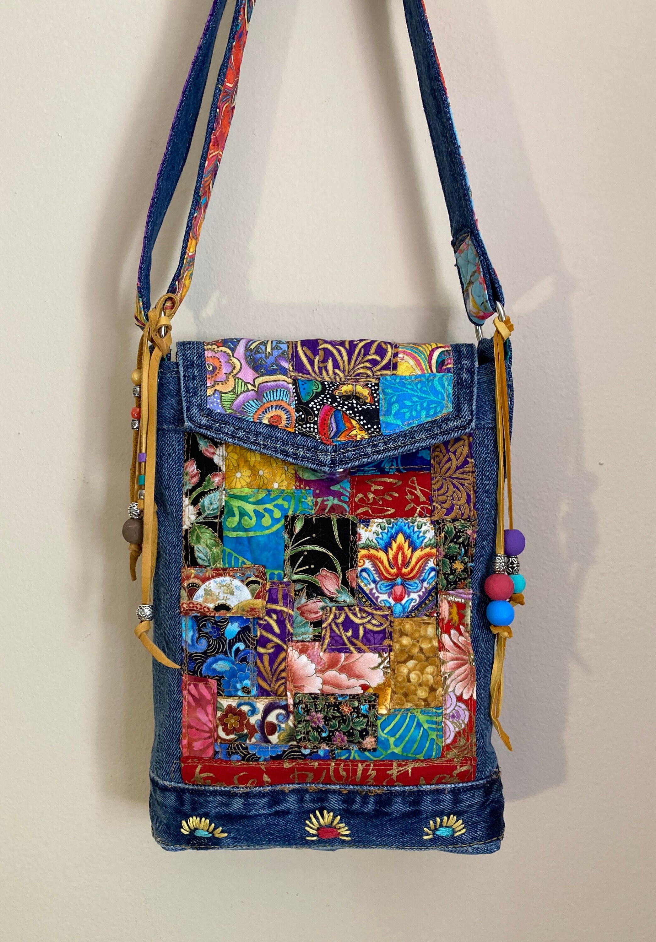 Upcycled Denim Patchwork Cross Body Bag, Geisha Patchwork Handbag
