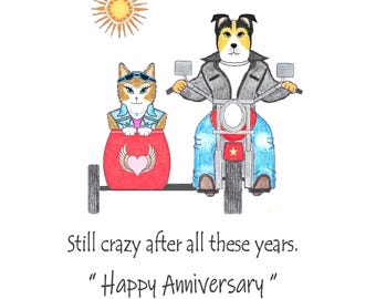 Biker Anniversary Card, Cat Dog Side Car Blank Note Card