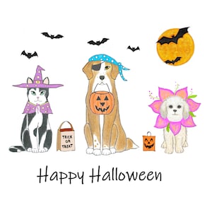 Cartão de Halloween, Cartão de Halloween para cães e gatos, Cartão ilustrado de Halloween