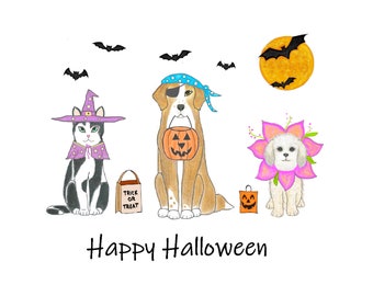 Halloween Greeting Card, Dogs and Cat Halloween Card, Illustrated Halloween Card