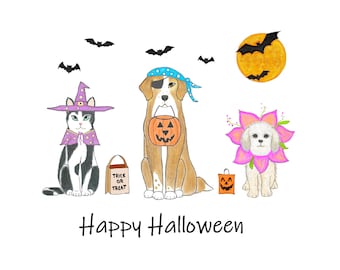 May include: A black and white cat wearing a witch's hat and purple cape, a brown and white dog wearing an eye patch and blue bandana, and a white dog wearing a pink flower costume. All three are holding Halloween treats. The text "Happy Halloween" is written below the animals.