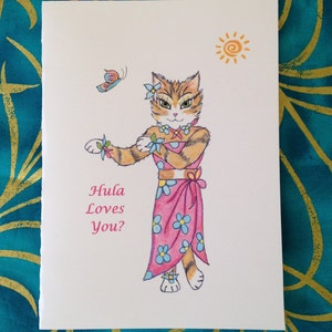 Katze Hula Karte - Katze am Strand - Any Ocassion Grußkarte - Whimsical Cat Card