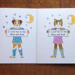 Chat Vous Aimer À La Lune et Retour Carte de Vœux et ou Chien Vous Aimer à la Lune et Retour Carte de Vœux