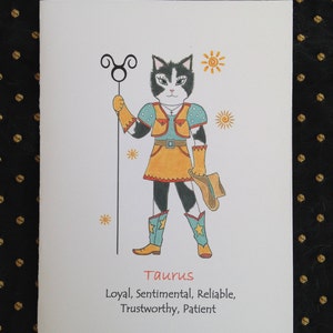 Tarjeta de felicitación del gato del zodiaco de Tauro - Tarjeta de felicitación astrológica de Tauro en blanco - Gato astrológico Tauro