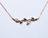 Real Natural Marquise Cut Diamond and Leaf Branch Necklace in Solid 14kt Rose Gold