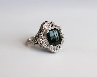 Vintage Estate Ring with Forest Green Hardstone in Solid 14kt White Gold