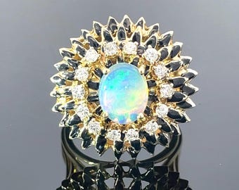Vintage Opal Diamond Ring | 14K Yellow Gold Black Enamel Sunburst