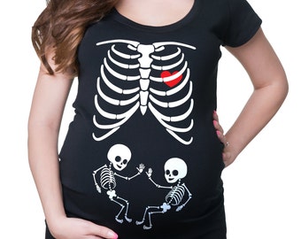 Skeleton Twins Maternity Top Halloween Costume Pregnancy Halloween Party T-Shirt